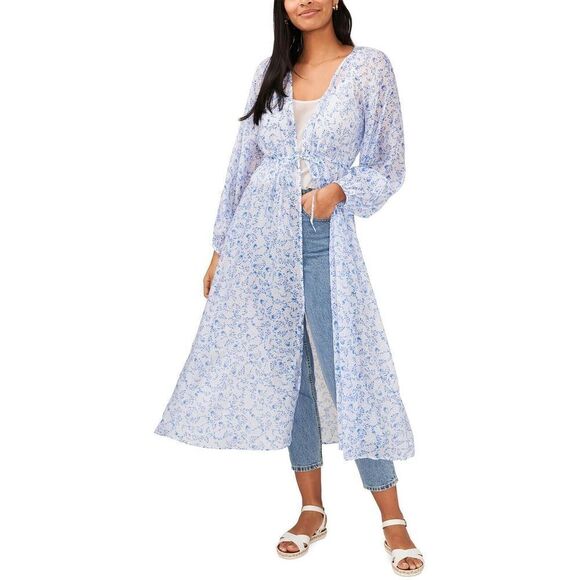 Riley & Rae Women Duster Midi Dress Floral Front Tie Kimono Sleeve Ultra White M - Picture 1 of 3